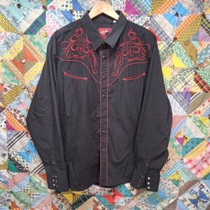 Rodeo Western Snap Shirt Smile Pockets Size 2XL Black and‎ Red Embroidered